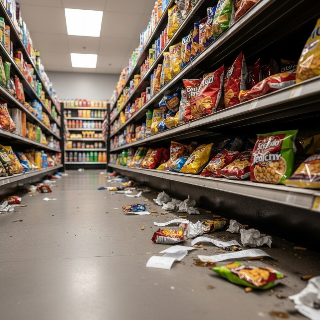 편의점 매장 오염 상태 AI 감지 화면 - 테이블 미정리 및 쓰레기 방치 감지