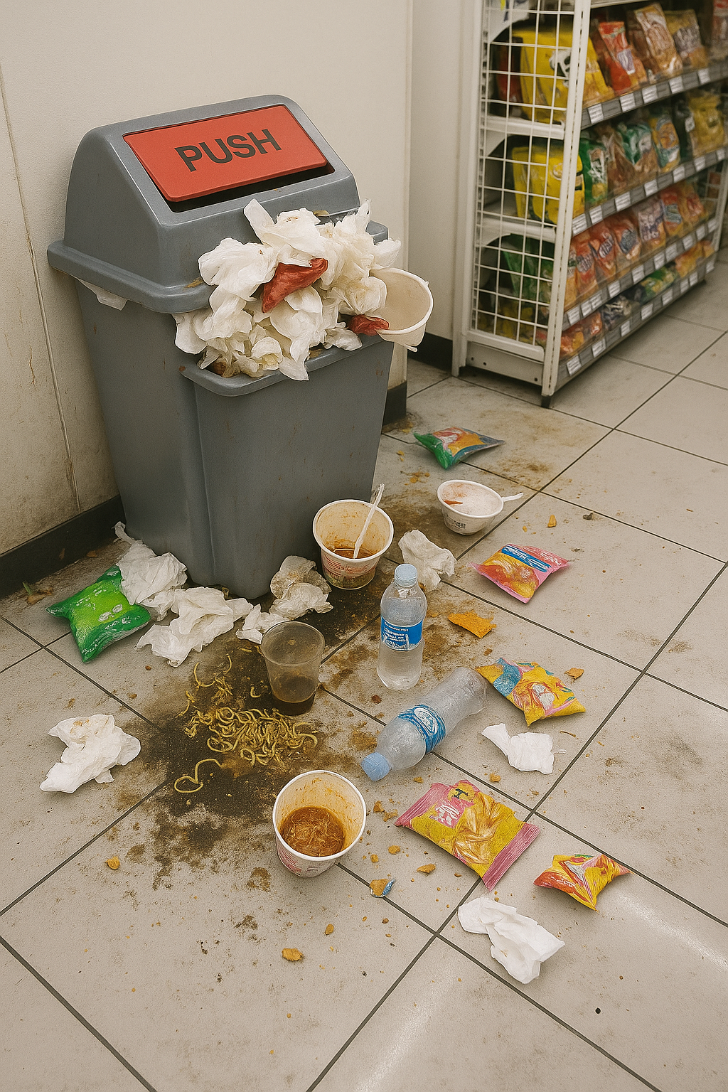 쓰레기가 넘치고 있는 매장 쓰레기통 이미지